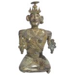 A BASTAR FIGURE OF A SEATED FEMALE DEITY, CHATTISGARH, INDIA, EARLY 20TH CENTURYbronze, partly gilt,