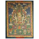 A THANG-KA DEPICTING AVALOKITESVARA, TIBET, 19TH CENTURYpigment on cotton, cloth mount, the ten-