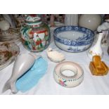 A Chinese ginger jar; a blue and white "Kang-Hi" fruit bowl; trinket ware; etc.