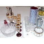 A 1950's Murano glass squash set comprising pedestal jug and 5 glasses; a Stromberg bottle; an