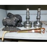 A copper hunting horn; a riding crop; an address stamp; 2 pairs of pewter candlesticks (1