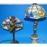 A 1920's style lamp, statue of a dancing girl, with a Tiffany style shade; a similar lamp with