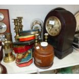 An Edwardian lancet top striking mantel clock; a 400 day clock; an oak tea caddy; old tins;