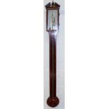 A Georgian mahogany stick barometer with boxwood line inlay, broken arch pediment, silvered scale