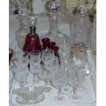 A cut glass ships decanter; another 2 decanters; other sets of glasses