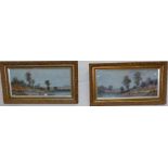 T Hall: pair of oil paintings on board, rural scenes, signed, 14" x 32", gilt framed