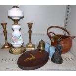 A brass and painted glass oil lamp; candlesticks; metalware