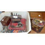 A Sorrento ware jewellery box; 2 other boxes; a Mamod stationary engine; vintage tools; etc.