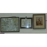 A reproduction map Scotland 1635, framed and glazed; another of Lancaster and a water colour of a