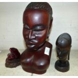An African hardwood carved female bust figure, 12"; a similar smaller carving