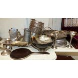 A silver and tortoiseshell dressing table mirror; a horn bowl with silver feet; a selection of