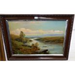 G Russ: River landscape, oil on canvas, signed, framed; The Flower Girl, print after A A