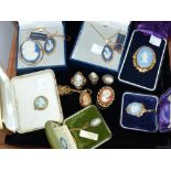 A selection of Wedgwood and other cameo pendants; a pair of earrings