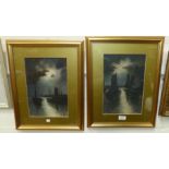 A pair of watercolours by B R Measham, 1923, night scenes, 12" x 8", framed and glazed