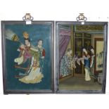 A pair of late 19th century / early 20th century Japanese paintings on glass depicting women in