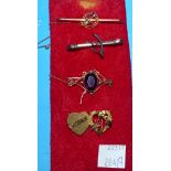 A Victorian Mizpah double heart brooch stamped '9ct' and 3 other Edwardian bar brooches