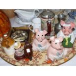 Three Wade pigs (girl and 2 babies) and decorative china
