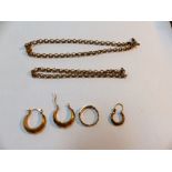 A pair of 9ct horse shoe earrings, a similar earing; a pierced 9ct ring (2.7gm) a belcher chain in