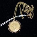 A pendant set with an 1890 sovereign in clip mount, stamped '9CT', on chain stamped '9CT', gross