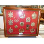 A selection of military cap badges, framed