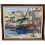 J E Coxy, oil on canvas, view of Brixham harbour, signed and dated 1965, 19" x 23", framed