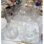A pair of cut crystal decanters with china bottle labels; a pair of celery vases; other glassware