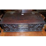 A Jacobean style oak Bible box with sloping top, 28.5"