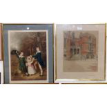 A Cecil Aldin print depicting a public school; 4 19th century fashion prints; a coloured mezzotint