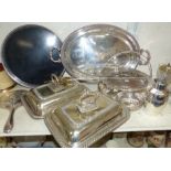 Four decorative meat skewers; a selection of silver plate including trays; bowls; etc.