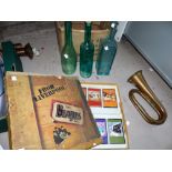 A brass and copper bugle with Australian badge; a Lurpak toast rack; Beatles tapes