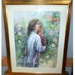 Ann Roylong: Young girl carrying a child in garden, watercolour drawing