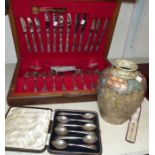 A set of 6 silver teaspoons; a pearl set stock pin; a Cranston pottery vase; a selection of Arthur