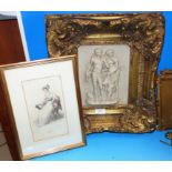 A decorative marble effect relief plaque in gilt frame; 4 fashion prints; a Pear's print; a