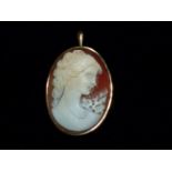 A shell cameo pendant/brooch, female bust, in 18 carat gold frame; a similar ring, stamped '9CT'