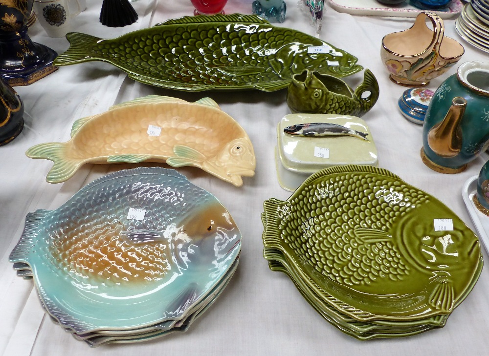 A 1930's set of 6 Shorter fish plates and similar dish; a green glaze 7 piece fish service; etc.