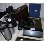 A military periscope; 3 pairs of binoculars, a military crested hip flask