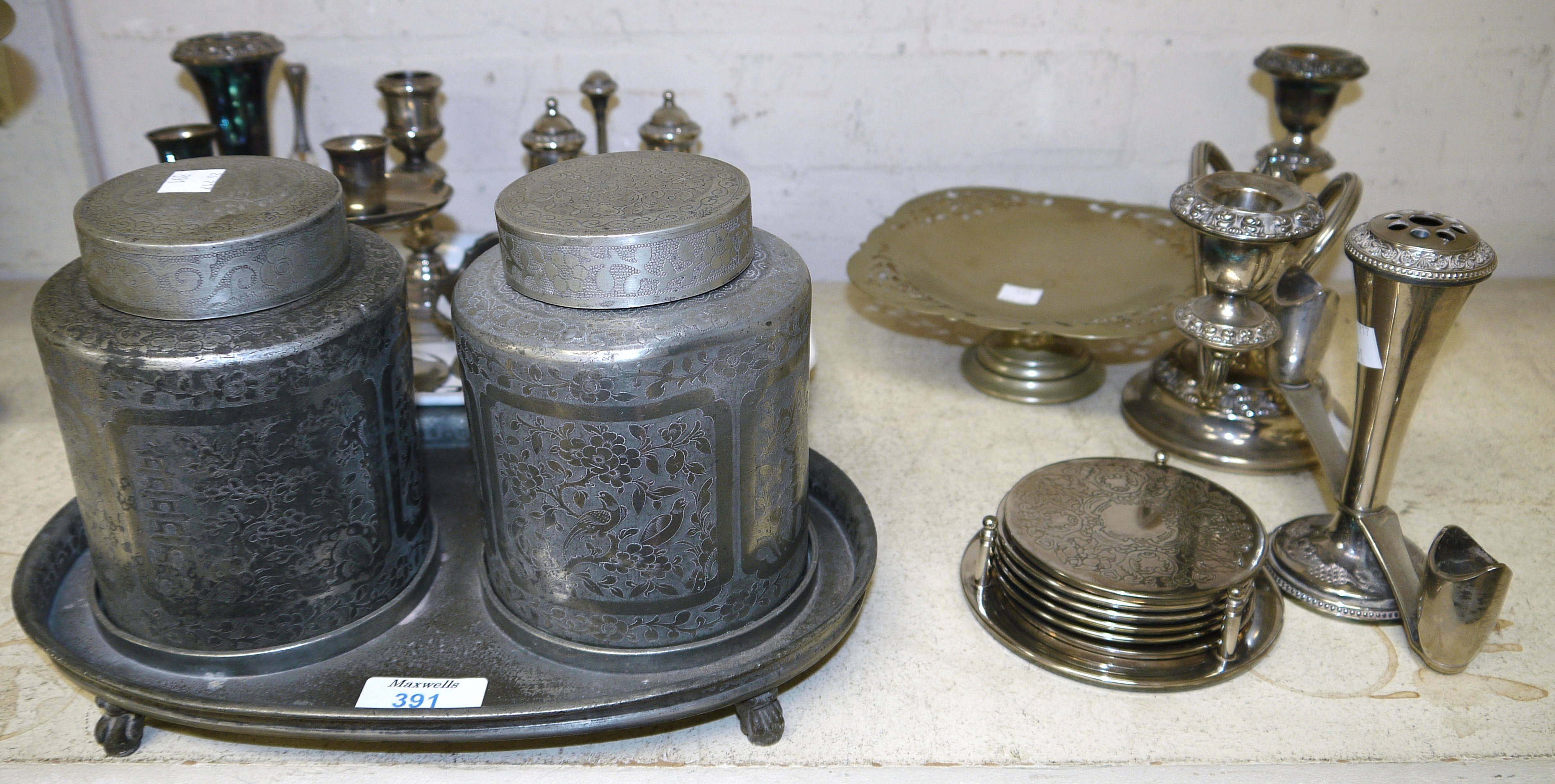 An unusual pair of Chinese tea caddies with engraved decoration and fitted tray and other silver