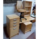 A modern lightwood office/study suite comprising table/desk, chair, filing cabinet, low cabinet