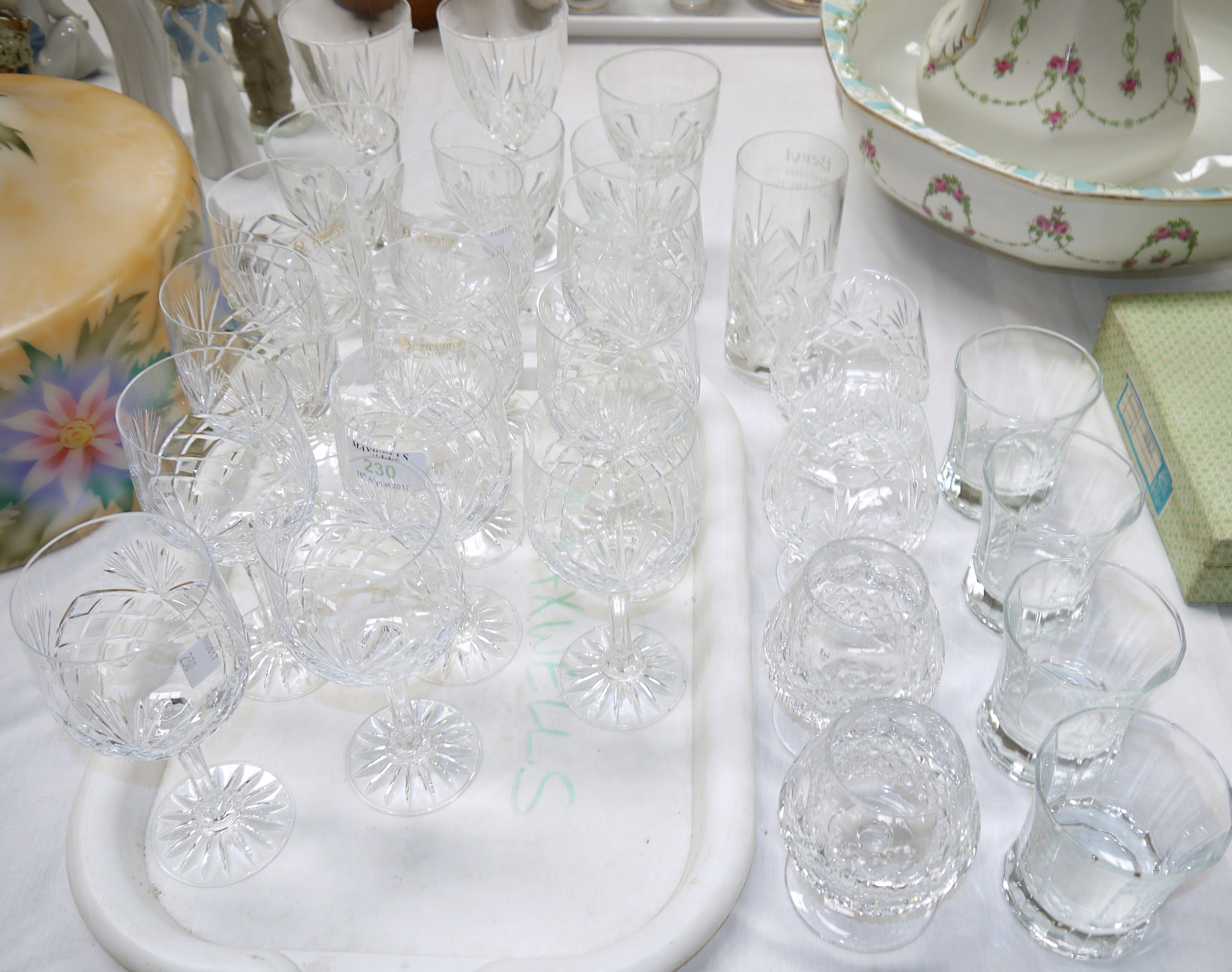 Eleven Polish cut lead crystal wine goblets; other glassware