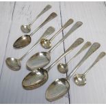 Three beaded Georgian dessert spoons and other Georgian salt spoons, ladles etc, various dates,