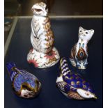 Four Royal Crown Derby animals, Meercat, cat and two birds (all with gold stoppers)