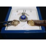 A ladies Omega Genève wristwatch with inscription on back; a ladies Rotary 9 carat cased wristwatch;