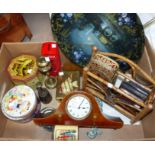 An oak gallery tray; an Edwardian mantel clock; oil tins; bric-a-brac