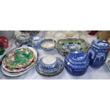 A selection of 19th century willow pattern and other decorative plates; 2 Rington's covered vases;