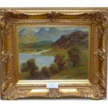 19th Century: mountain scene with lake, oil on board, unsigned, 7" x 9", gilt framed; 2 still