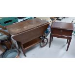 An oak drop leaf drinks trolley with shelf below; a mahogany single drawer bedside cabinet