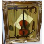 An oil on canvas: violin, sheet music, etc., signed C Leikert, 23" x 19", gilt framed