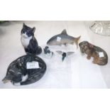 A selection six Royal Copenhagen animals including cats, fish etc