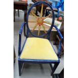 An oak pedestal occasional table, three height cake stand, a dressing stool and a blue painted chair