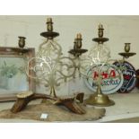A pair of Middle Eastern style brass 3 branch candelabra; a horn candle holder; etc.
